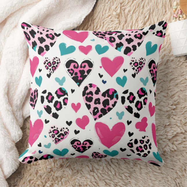 Bold Leopard Heart Love – Pink, Black & Teal (3) Cushion (Blanket)