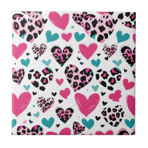 Bold Leopard Heart Love – Pink, Black & Teal (3) Tile