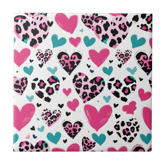 Bold Leopard Heart Love – Pink, Black & Teal (3) Tile (Front)