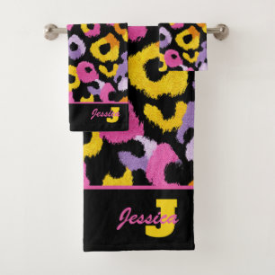 Bold Leopard Print Retro Glam y2k Monogrammed Name Bath Towel Set