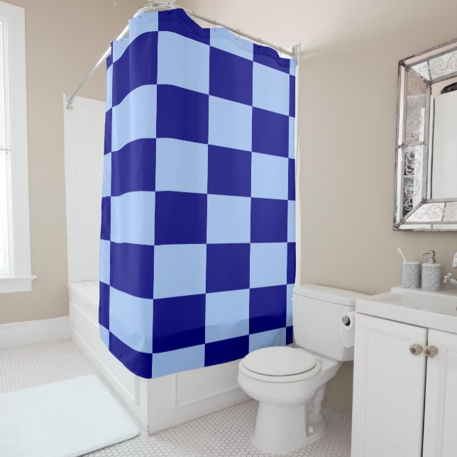Bold Light Blue and Dark Blue Chequered Rectangles Shower Curtain (In Situ)