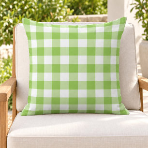 Bold Lime Green White Gingham Plaid Check Cushion
