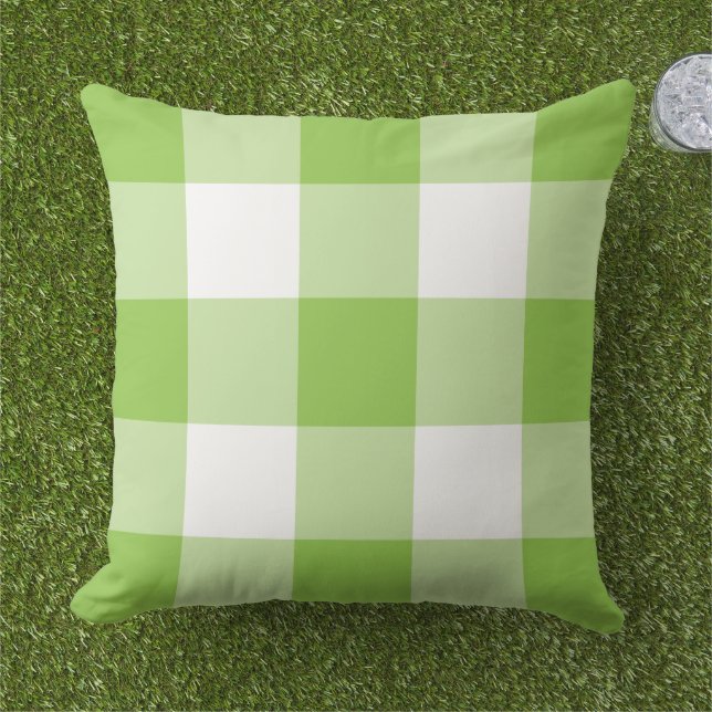 Bold Lime Green White Large Gingham Check Cushion (Grass)