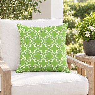 Bold Lime Green White Quatrefoil Trellis Cushion