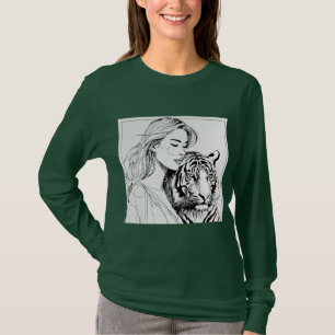 Bold Line Art Portrait of Blonde Woman with Tiger T-Shirt