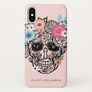 Bold Line Drawn Black & White Floral Sugar Skull Case-Mate iPhone Case