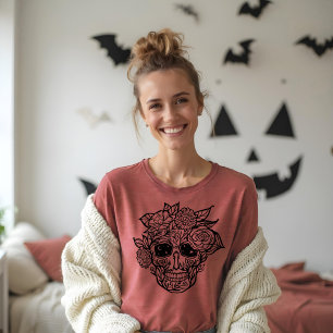 Bold Line Drawn Black & White Floral Sugar Skull Tri-Blend Shirt