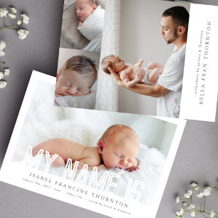BOLD LINES TEXT NAME collage photo baby birth Announcement