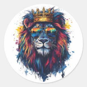 Bold Lion Head with Sunglasses and Crown Classic Round Sticker