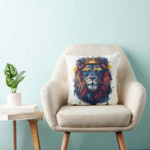 Bold Lion Head with Sunglasses and Crown Cushion