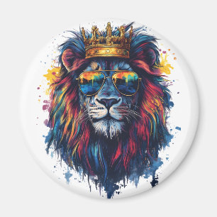 Bold Lion Head with Sunglasses and Crown Magnet