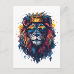 Bold Lion Head with Sunglasses and Crown Postcard