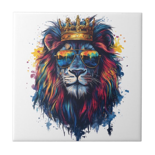 Bold Lion Head with Sunglasses and Crown Tile (Front)