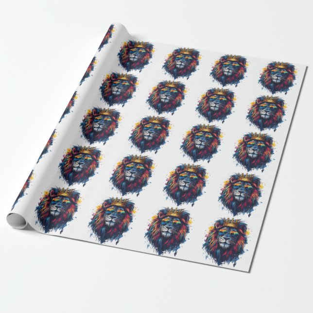 Bold Lion Head with Sunglasses and Crown Wrapping Paper (Unrolled)