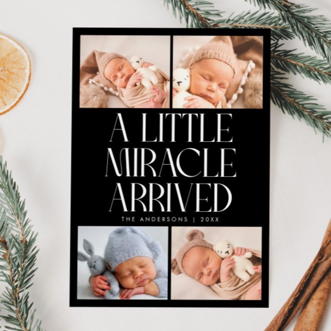 Bold Little Miracle Xmas Black Photo Birth  Announcement (Creator Uploaded)
