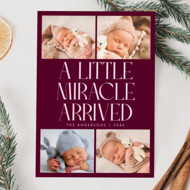 Bold Little Miracle Xmas Cranberry Photo Birth  Announcement (Creator Uploaded)
