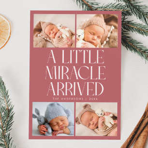 Bold Little Miracle Xmas Pink Photo Birth Announcement