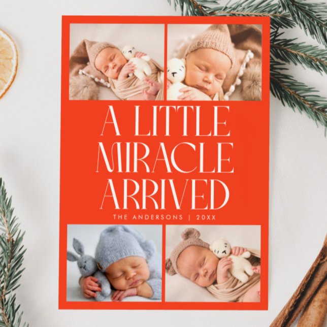 Bold Little Miracle Xmas Red Photo Birth  Announcement (Creator Uploaded)