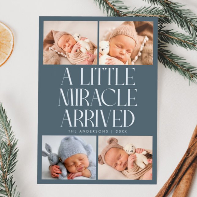 Bold Little Miracle Xmas Slate Blue Photo Birth  Announcement (Creator Uploaded)