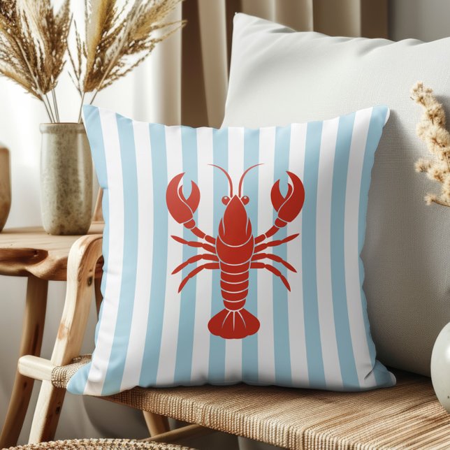 Bold Lobster and Blue Stripes Ocean Beach Decor Cushion (Creator Uploaded)