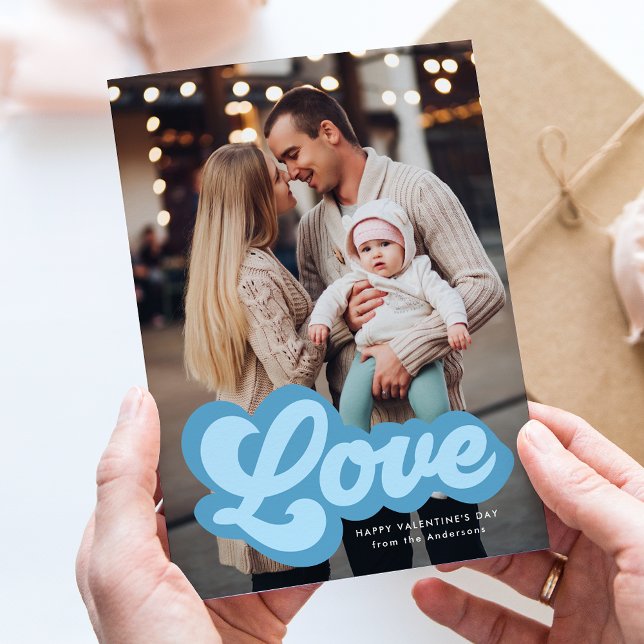 Bold Love Script Blue Photo Valentine's Day Holiday Card (Creator Uploaded)