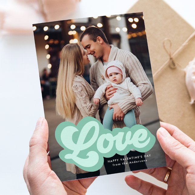 Bold Love Script Mint Green Photo Valentine's Day Holiday Card (Creator Uploaded)