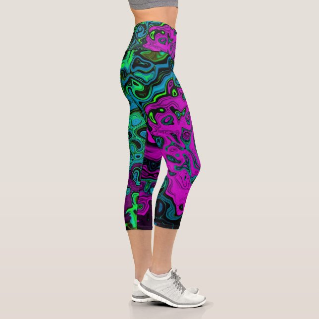 Bold Magenta Abstract Groovy Liquid Art Swirl Capri Leggings (Right)