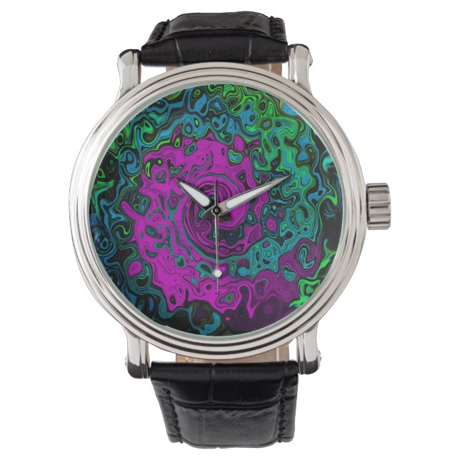 Bold Magenta Abstract Groovy Liquid Art Swirl Watch (Front)