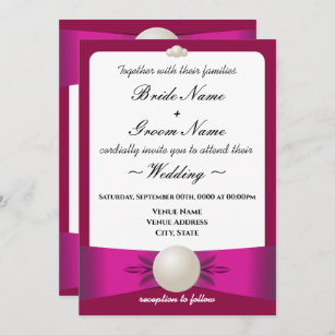 Bold Magenta Pearl Ribbon Wedding & Reception Invitation