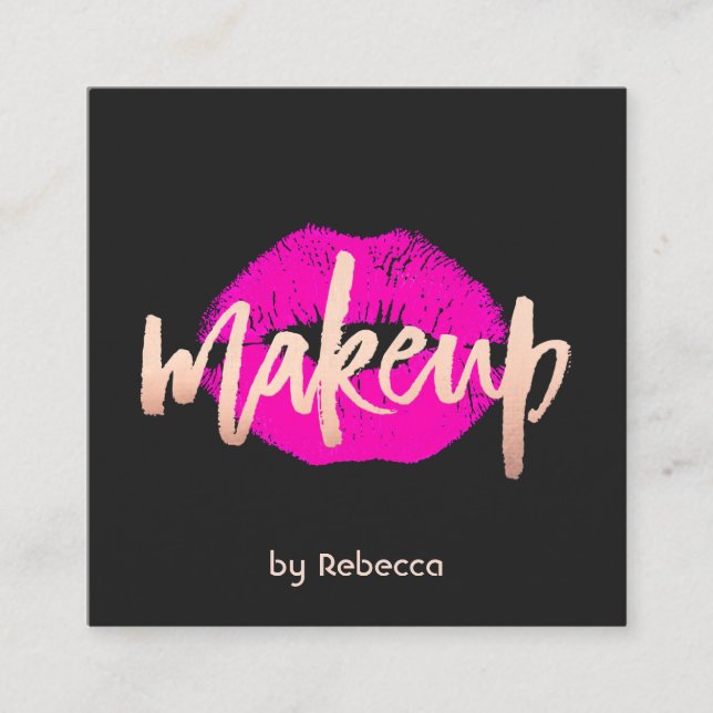 Bold Makeup Artist Rose Gold Pink Lips Kiss Square Business Card (Front)