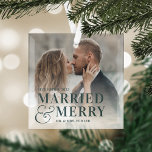Bold Married & Merry Wedding Photo Newlywed Glass Tree Decoration<br><div class="desc">Display a favourite wedding photo with this bold,  modern typography-based Christmas design,  featuring "married & merry" overlaid in forest green lettering joined by an oversized ampersand. Personalise with your wedding date and names.</div>