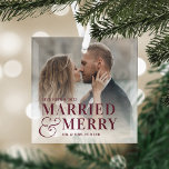 Bold Married & Merry Wedding Photo Newlywed Glass Tree Decoration<br><div class="desc">Display a favourite wedding photo with this bold,  modern typography-based Christmas design,  featuring "married & merry" overlaid in burgundy plum lettering joined by an oversized ampersand. Personalise with your wedding date and names.</div>