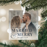 Bold Married & Merry Wedding Photo Newlywed Glass Tree Decoration<br><div class="desc">Display a favourite wedding photo with this bold,  modern typography-based Christmas design,  featuring "married & merry" overlaid in navy blue lettering joined by an oversized ampersand. Personalise with your wedding date and names.</div>