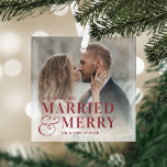 Bold Married & Merry Wedding Photo Newlywed Glass Tree Decoration<br><div class="desc">Display a favourite wedding photo with this bold,  modern typography-based Christmas design,  featuring "married & merry" overlaid in red lettering joined by an oversized ampersand. Personalise with your wedding date and names.</div>