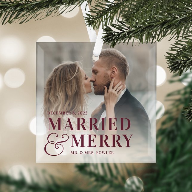 Bold Married & Merry Wedding Photo Newlywed Glass Tree Decoration (Creator Uploaded)