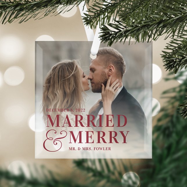 Bold Married & Merry Wedding Photo Newlywed Glass Tree Decoration (Creator Uploaded)