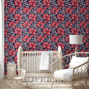 Bold Maximalism Blue and Pink Wild Flowers Floral Wallpaper