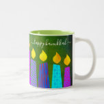 Bold Menorah Candles Happy Hanukkah Script Green Two-Tone Coffee Mug<br><div class="desc">“Happy Hanukkah.” Here’s an easy way to get in the holiday mood each morning. Add extra sparkle to your day whenever you relax with your favourite beverage in this colourful, custom Hanukkah coffee mug. A playful, artsy illustration of blue menorah candles with colourful faux foil patterns and modern typography overlay...</div>