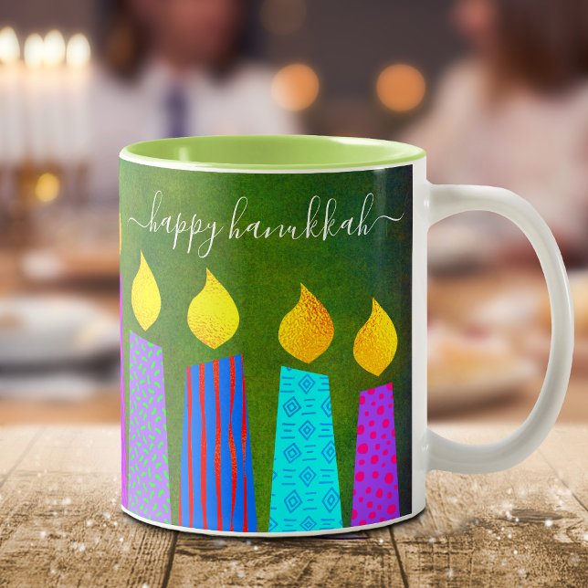 Bold Menorah Candles Happy Hanukkah Script Green Two-Tone Coffee Mug (Creator Uploaded)
