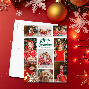 Bold Merry Christmas Green Script Photo Collage Holiday Postcard