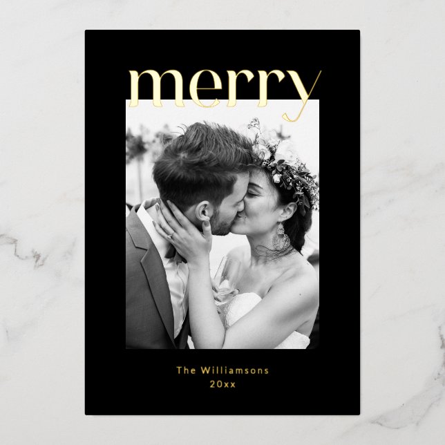 Bold Merry Christmas Wedding Photo Black Gold (Front)