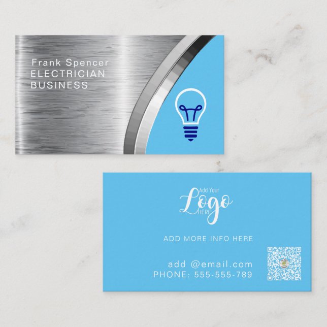 Bold Metallic Blue & Silver Electrician Business Card (Front/Back)