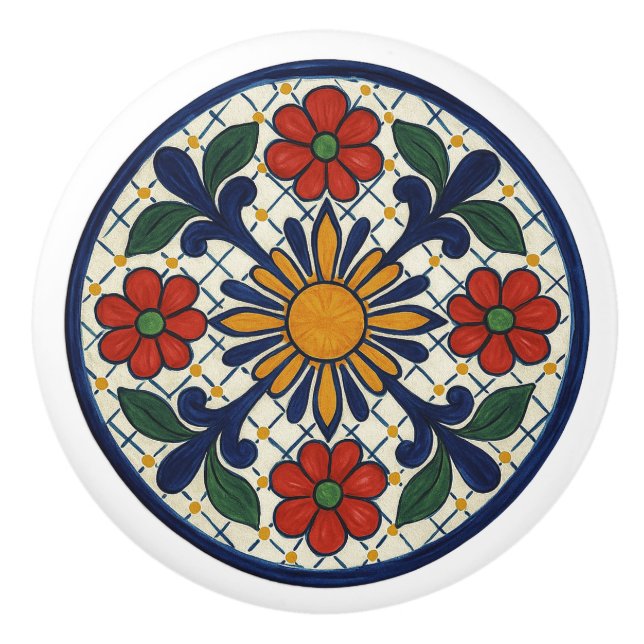 Bold Mexican Talavera Sunburst Ceramic Knob (Front)