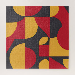 Bold Mid-Century Geometric Red Yellow Gray Pattern Jigsaw Puzzle