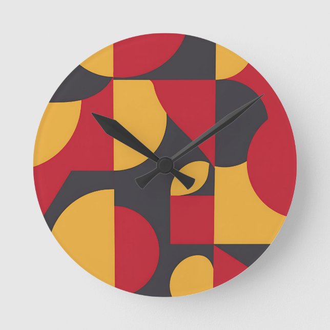Bold Mid-Century Geometric Red Yellow Gray Pattern Round Clock (Front)
