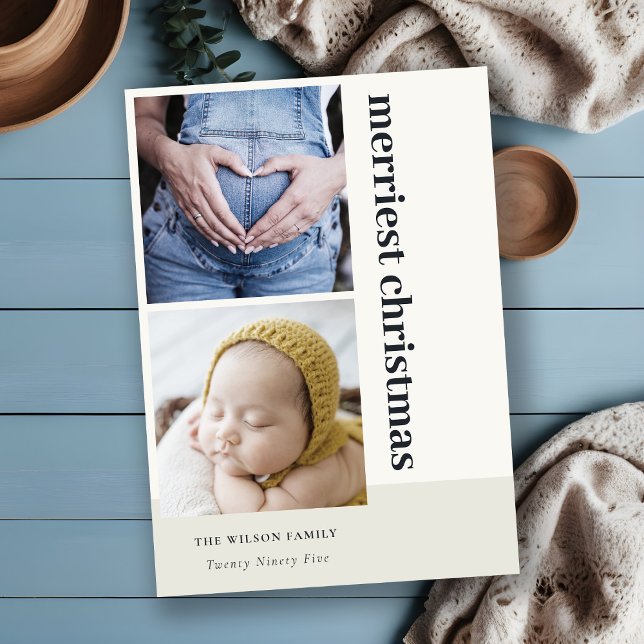 Bold Minimal 2 Photo Black Merriest Christmas Holiday Card (Creator Uploaded)