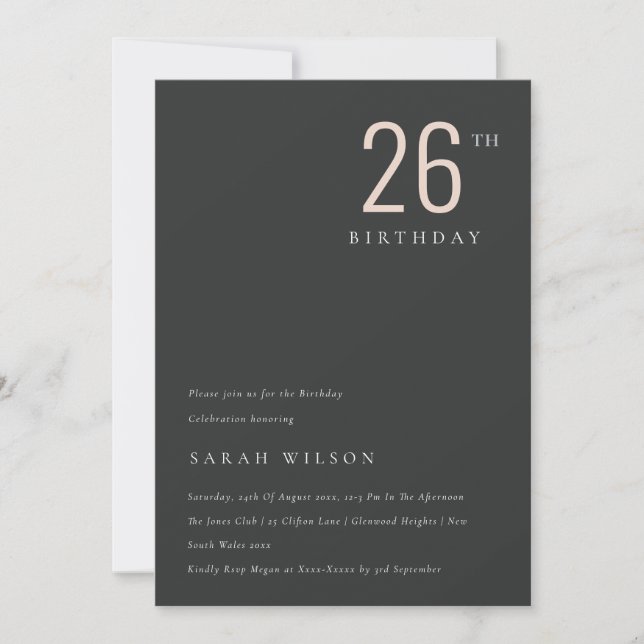 Bold Minimal Black Blush Any Age Birthday Invite (Front)