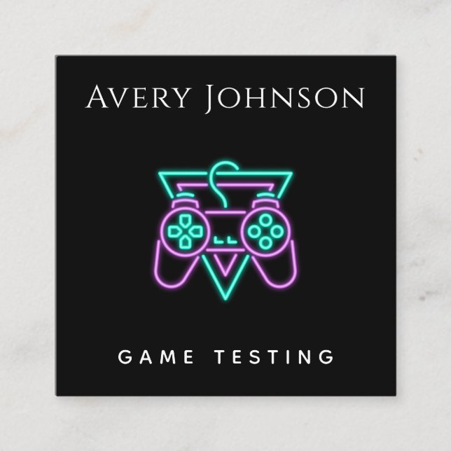 Bold & Minimal Video Game Testing Neon Controller Square Business Card (Front)