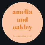 Bold Minimalist Boho Peach Orange Custom Wedding Classic Round Sticker<br><div class="desc">Personalise your wedding favours with these elegant custom stickers. In Peach Orange,  these stickers add a stylish touch to gift boxes,  envelopes,  and more. Customise with your names and wedding date for a beautiful and thoughtful detail your guests will love!</div>