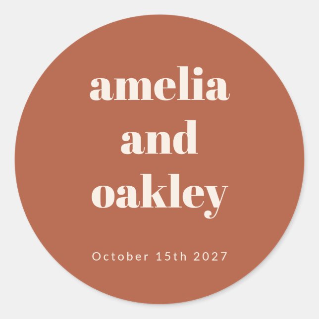Bold Minimalist Boho Rust Retro Custom Wedding Classic Round Sticker (Front)